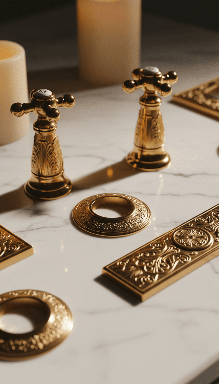 Close-up of gold bathroom hardware and fittings
