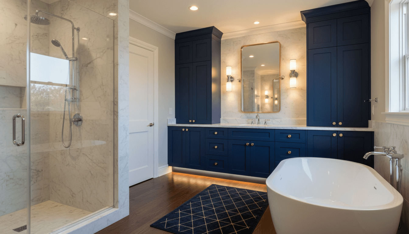 Luxury bathroom with navy cabinetry, white marble countertops, and gold fixtures in Swansea