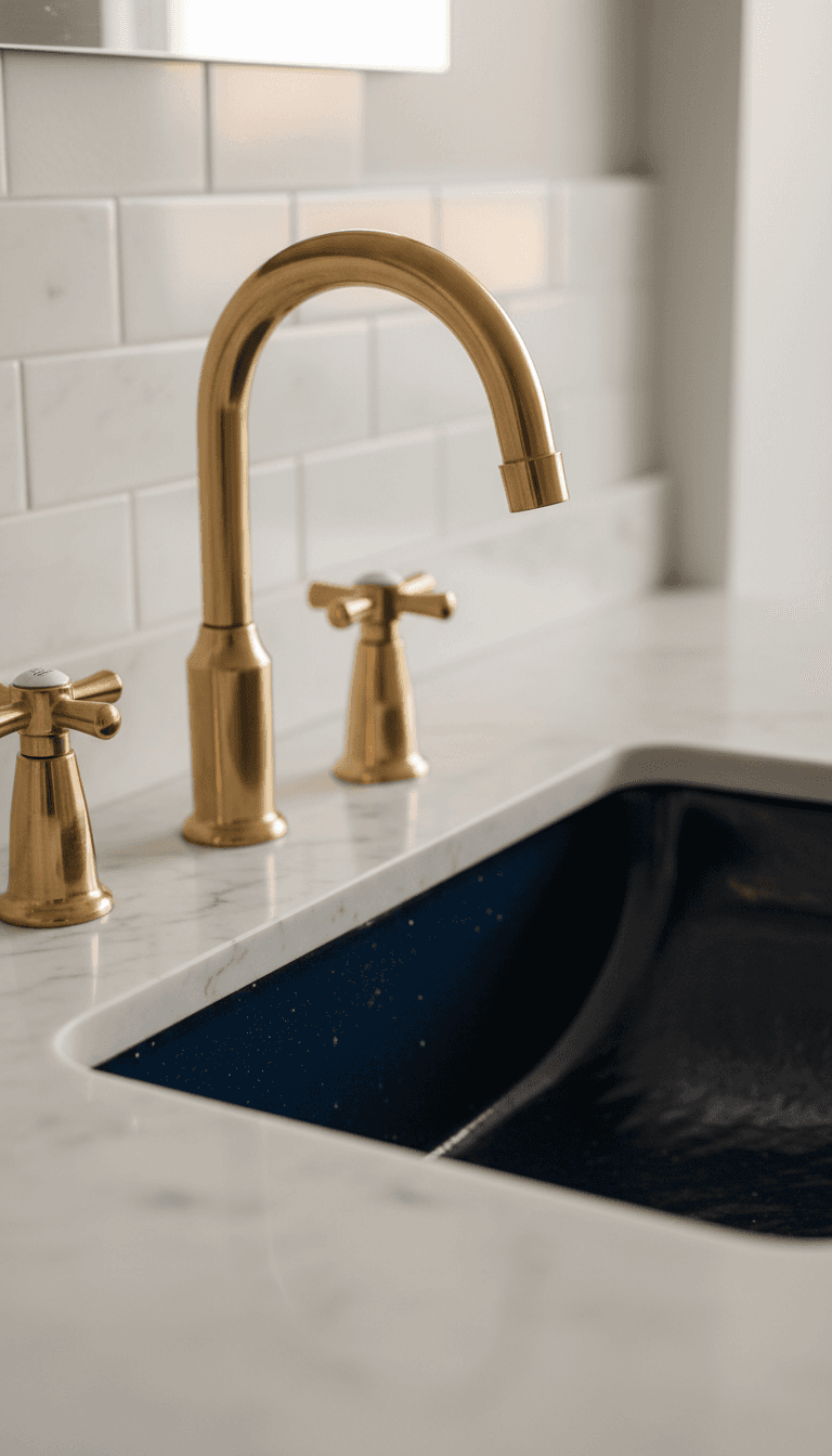 Navy ceramic sink with gold fixtures and marble countertop