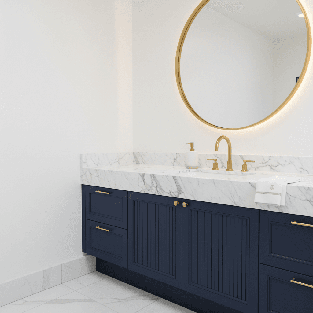 Luxurious navy and white bathroom corner with gold fixtures and marble countertop