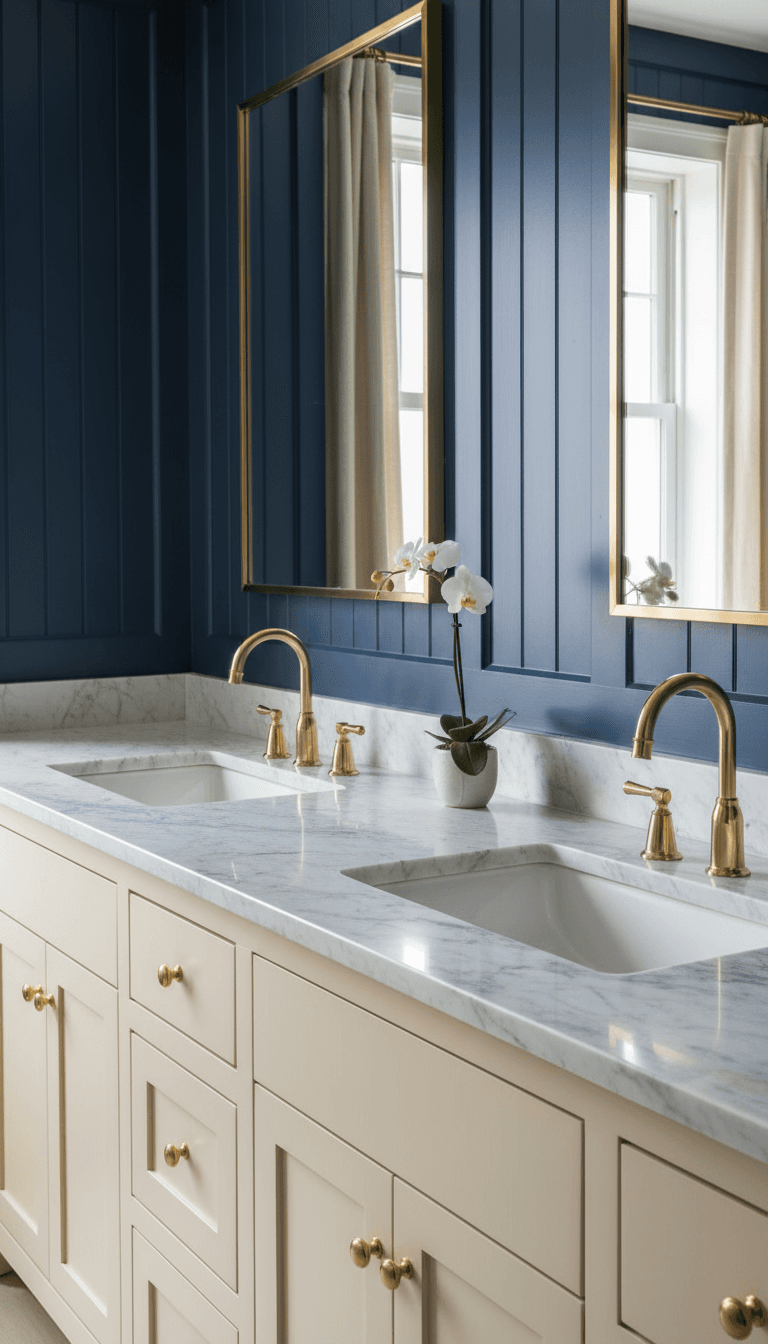 Dual sink vanity with marble top and gold fixtures