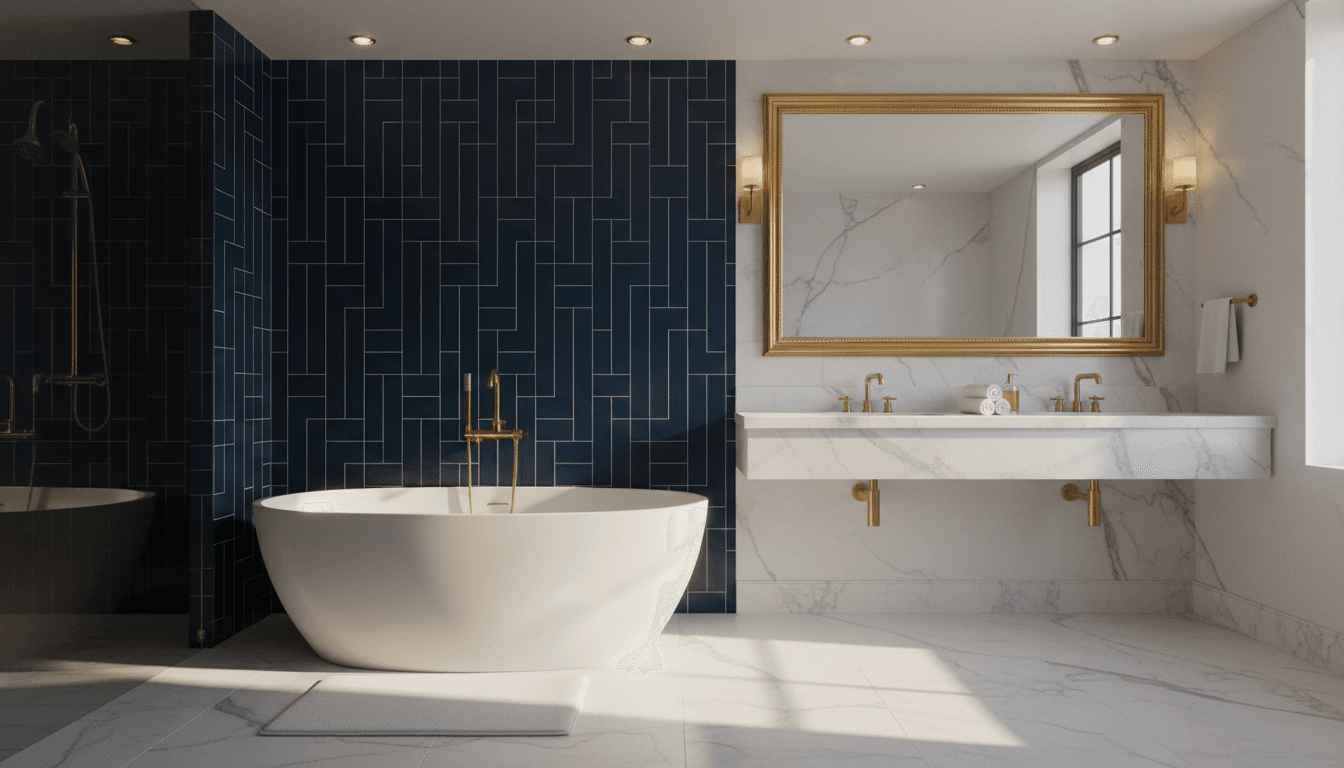 Luxury bathroom with navy accent wall, gold fixtures, and freestanding tub
