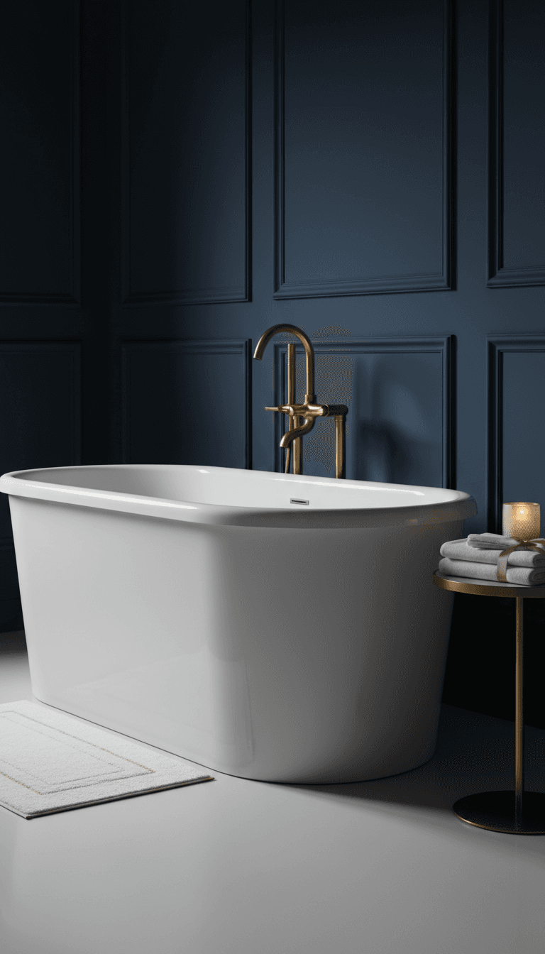 Freestanding white bathtub with navy wall panelling and gold fixtures
