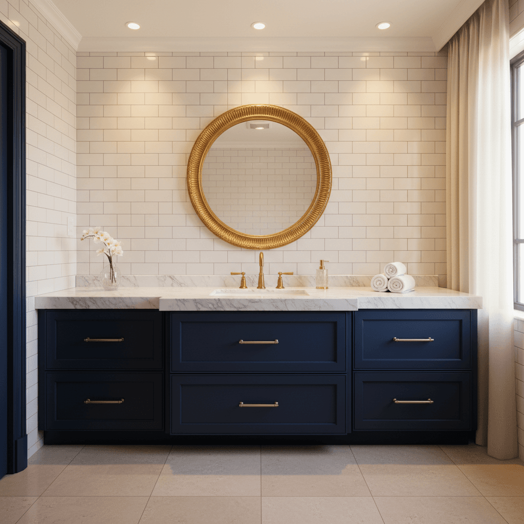 Completed luxury bathroom with navy cabinetry and gold accents