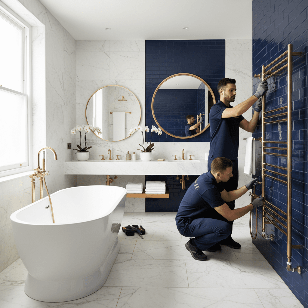 Technicians installing luxury bathroom fixtures, including heated towel rails and a soaking tub.